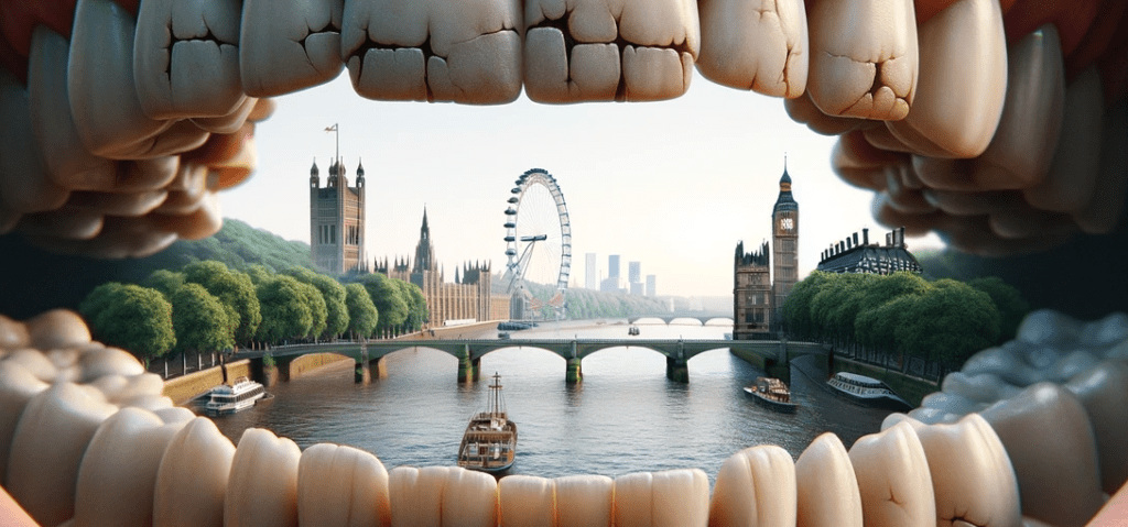 Why Do British People Have Bad Teeth The Controversial Truth Revealed   DALL·E 2023 11 10 20.52.37 A Close Up Wide Image Of A Mouth With Crooked Teeth Set Against A Backdrop Of A Recognizable English Landscape. The Focus Is On The Mouth Which Is  E1699671287347 1024x479 